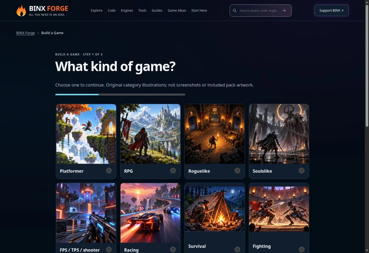 The real Forge Build a Game genre-selection screen