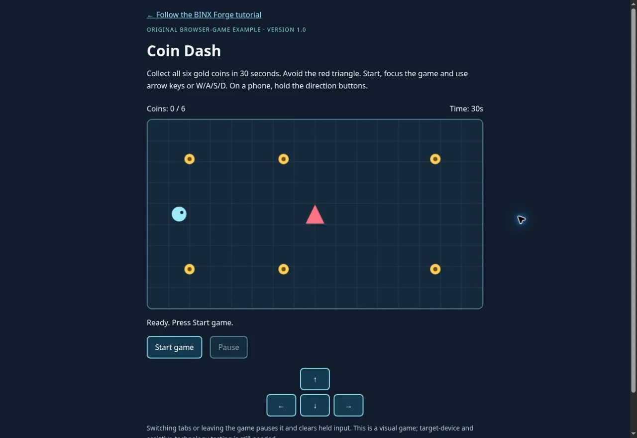 The published Coin Dash 1.0 ready screen with six coins and one enemy