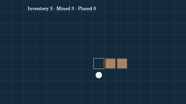 Three removed blocks became inventory; empty cells remain walkable.