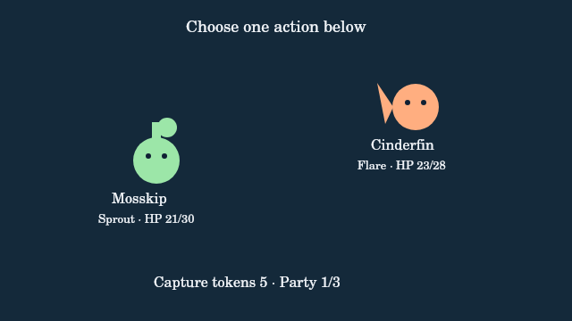 One real attack resolved: wild Cinderfin at23HP and Mosskip at21HP; choose the next action.