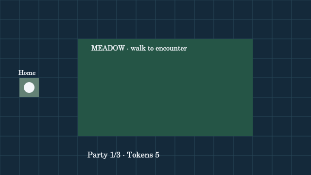 Meadow Bonds: the home tile and meadow; walk to start encounters.