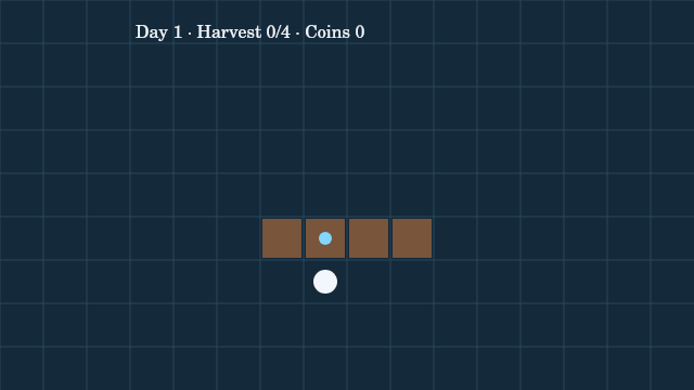 Sprout Shift: a planted, watered plot; it grows only when a day ends.