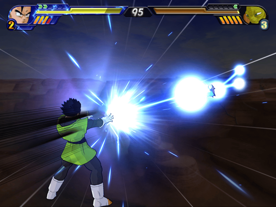 Vegeta fires an energy attack at Piccolo in Dragon Ball Z: Budokai Tenkaichi 3 — actual original-game screenshot, not a verified PC-port capture