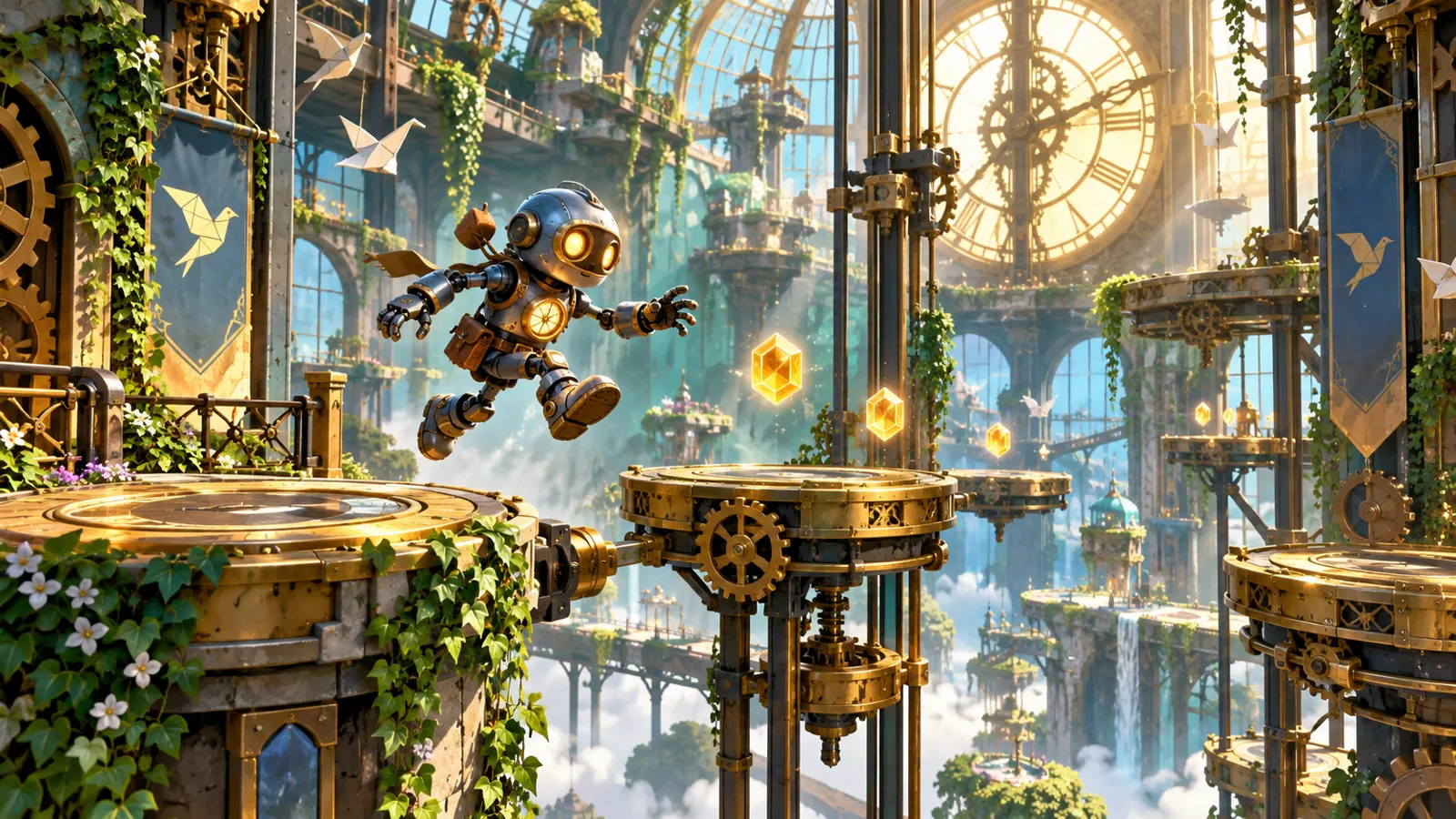Original Clockwork Heights AI concept artwork: An original clock-tower greenhouse; not Super Mario 64 gameplay