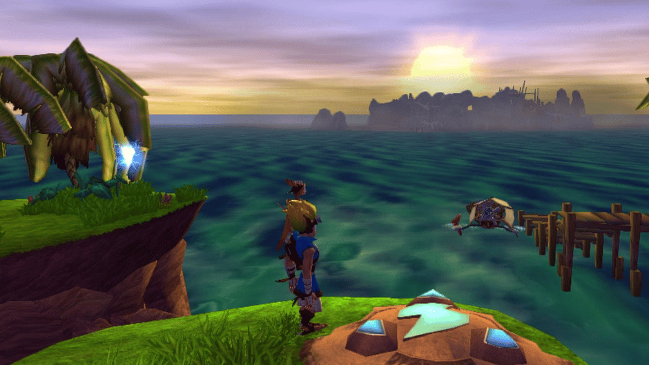 Jak and Daxter overlooking the ocean from a coastal platform — actual original-game screenshot, not a verified PC-port capture