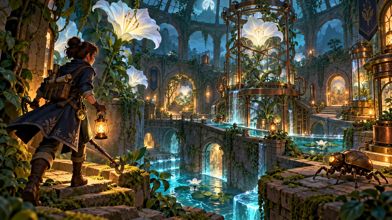 Original Lanternwake AI concept artwork: A moonlit botanical conservatory; not The Legend of Zelda: Ocarina of Time gameplay