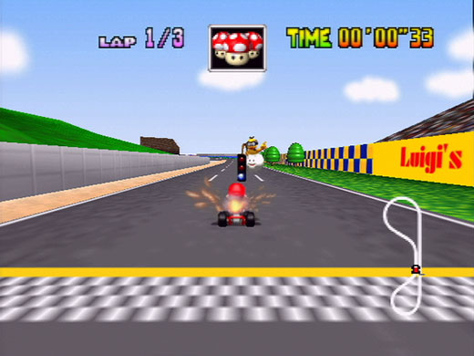 Mario racing on Luigi Raceway in Mario Kart 64 — actual original-game screenshot, not a verified PC-port capture
