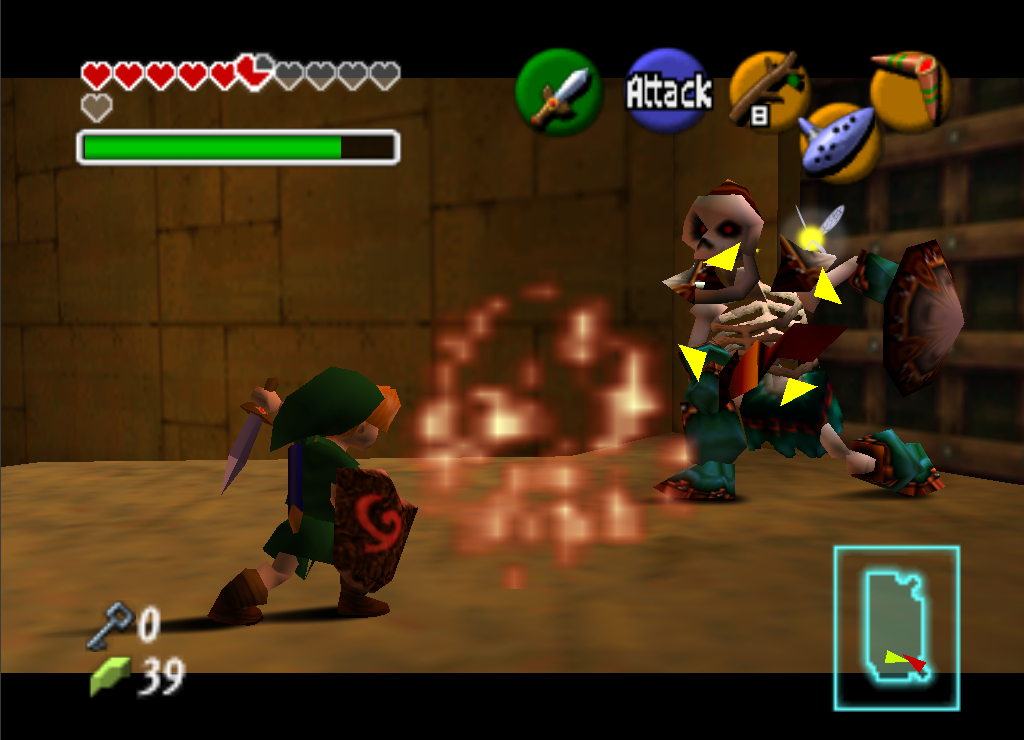 Link targets a Stalfos in The Legend of Zelda: Ocarina of Time — actual original-game screenshot, not a verified PC-port capture