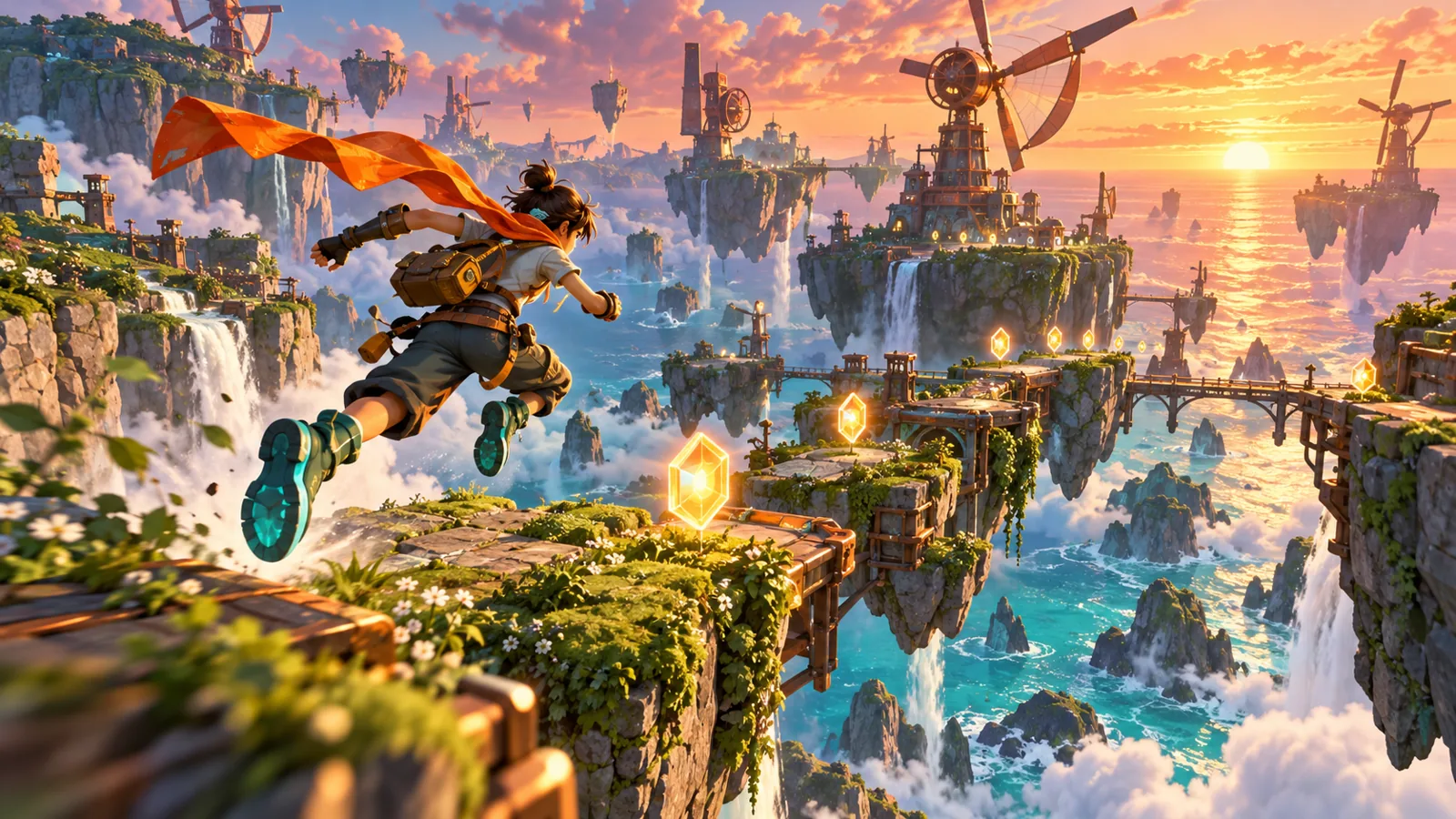 Original Skycoil Sprint concept art: a scarf-wearing courier leaps across wind-powered islands; not Sonic gameplay
