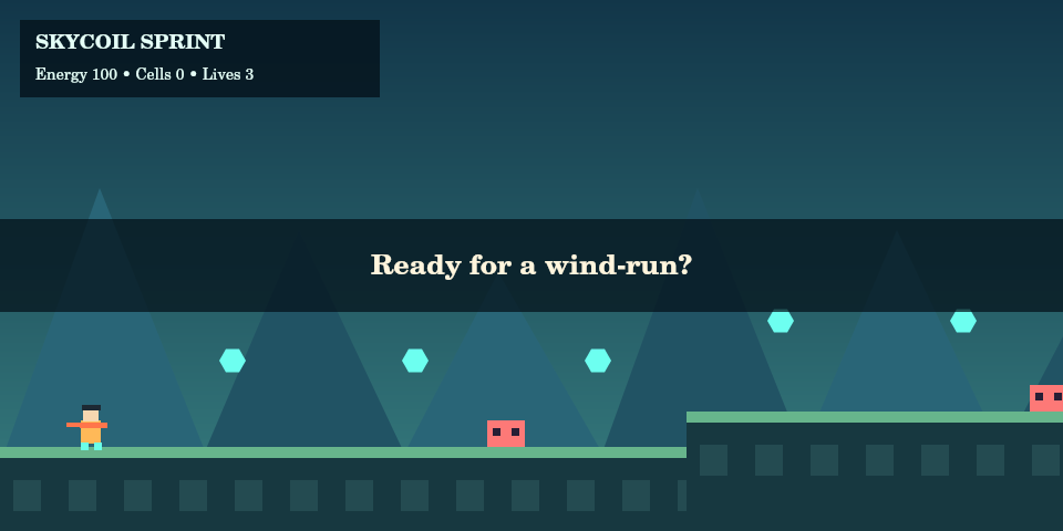 Skycoil Sprint ready state with the player, first energy cells and red hazard