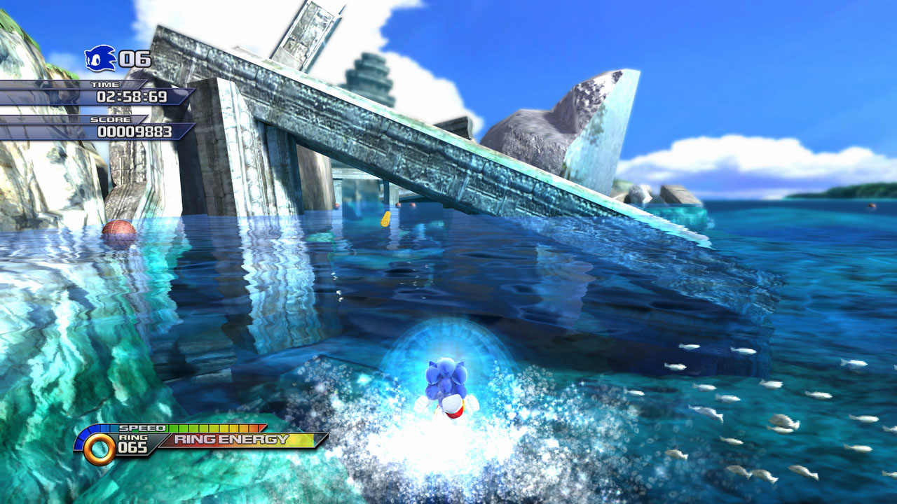 Sonic running across water among ruins in Sonic Unleashed — actual original-game screenshot, not a verified PC-port capture