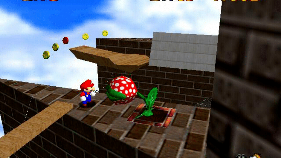 Mario beside a Piranha Plant on a suspended platform in Super Mario 64 — actual original-game screenshot, not a verified PC-port capture