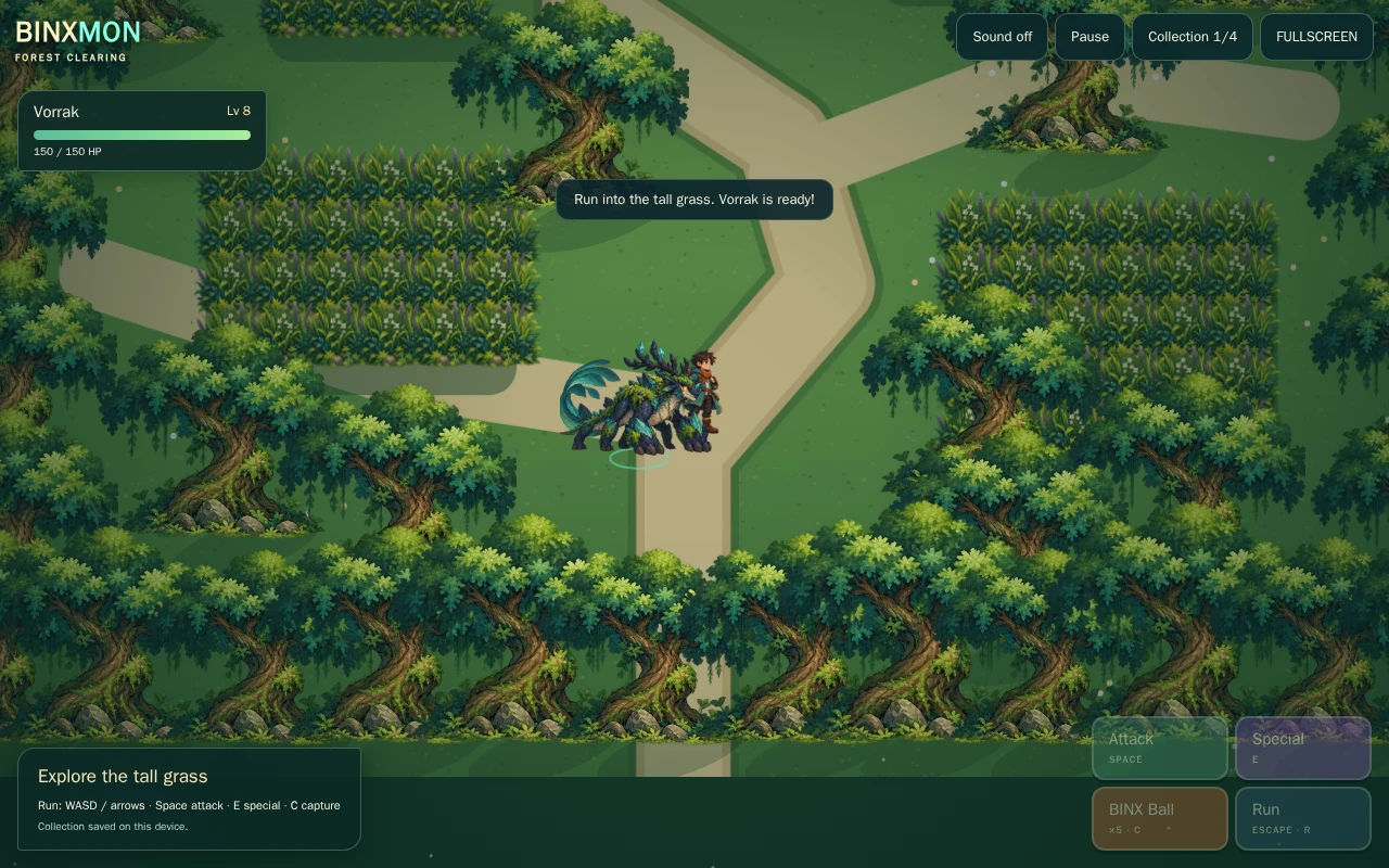 Actual BINXMON gameplay: Exploring the forest