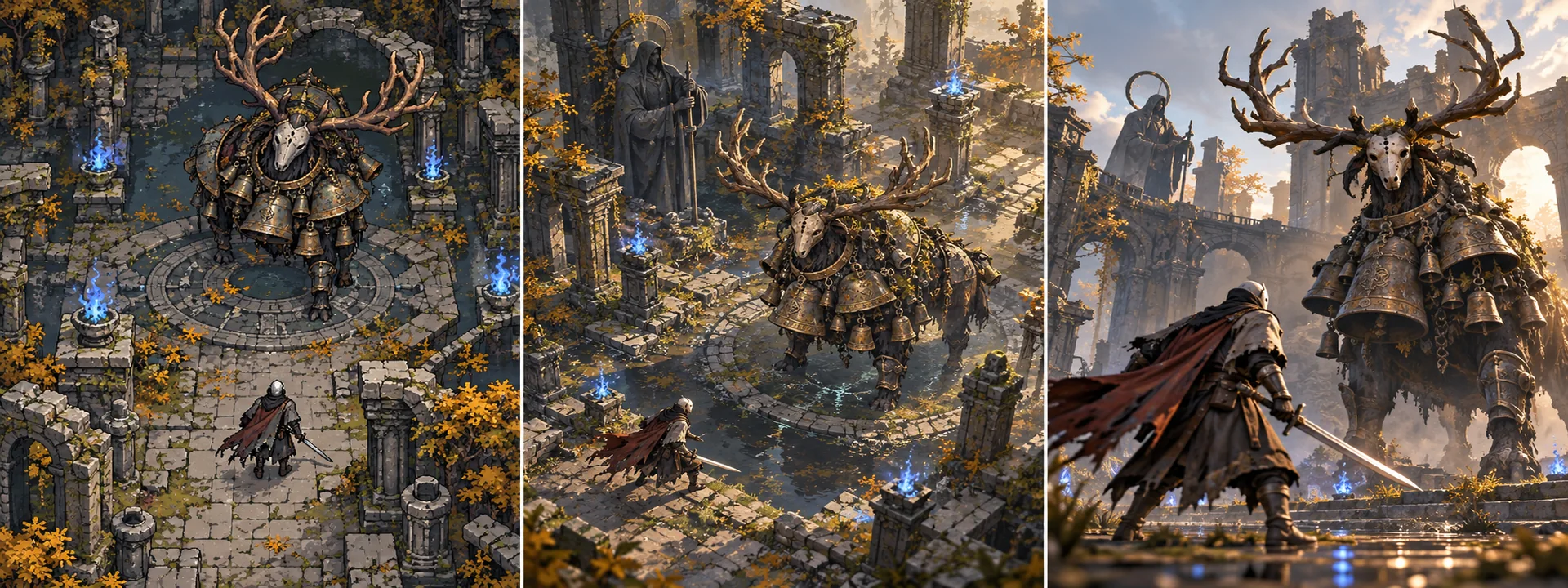 Ashen Pilgrim original concept comparison: 2D left, 2.5D centre, 3D right