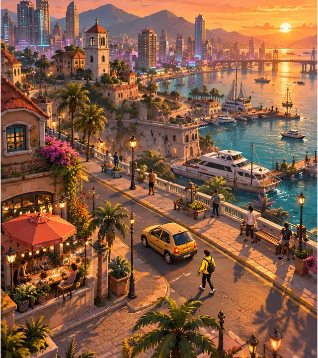 Original 2.5D Neon Harbour concept: Build your own coastal city with cars, pedestrians, missions and police pursuit. Choose a top-down, isometric or third-person approach and grow one working district into a lively open world.