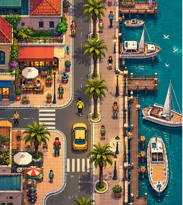 Original 2D Neon Harbour concept: Build your own coastal city with cars, pedestrians, missions and police pursuit. Choose a top-down, isometric or third-person approach and grow one working district into a lively open world.
