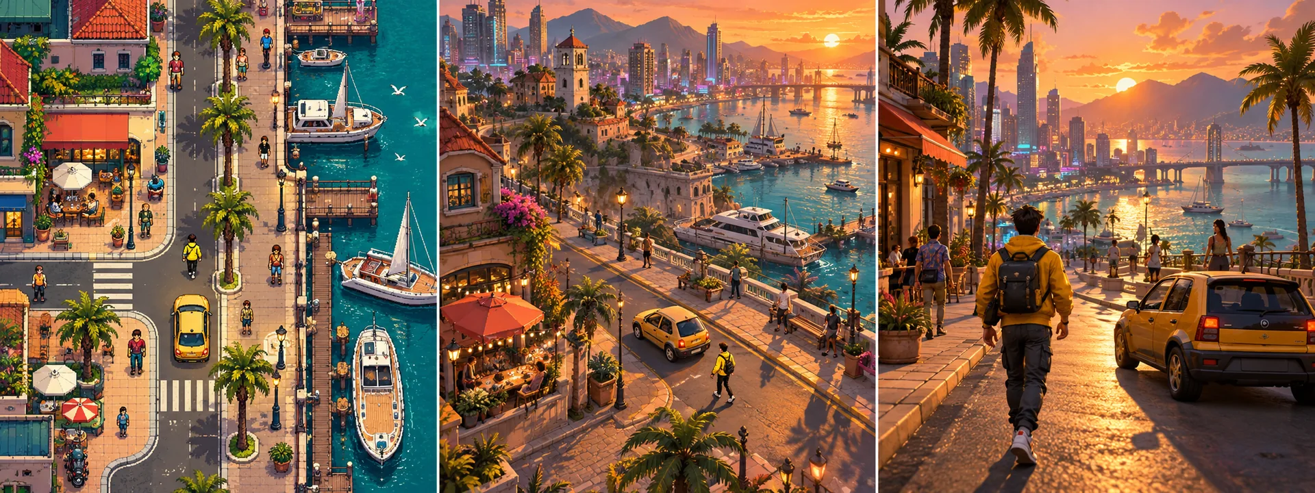 Neon Harbour original concept comparison: 2D left, 2.5D centre, 3D right