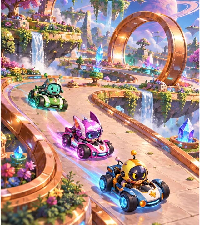 Original 2.5D Comet Circuit concept: Create your own colourful arcade kart racer with rivals, powers and lap progression. A short polished track beats a large unfinished championship.