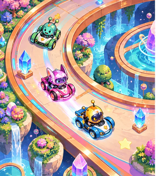 Original 2D Comet Circuit concept: Create your own colourful arcade kart racer with rivals, powers and lap progression. A short polished track beats a large unfinished championship.