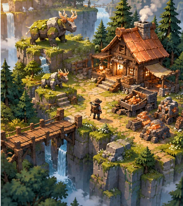 Original 2.5D Mosslight Frontier concept: Create an original mining, crafting and building game. Reuse terrain tools, keep your world small at first and save only the changes players make.