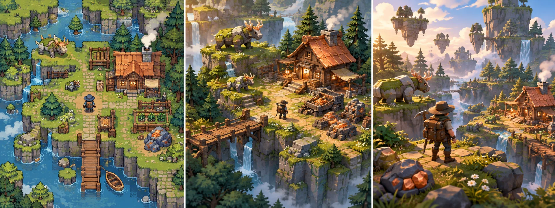 Mosslight Frontier original concept comparison: 2D left, 2.5D centre, 3D right