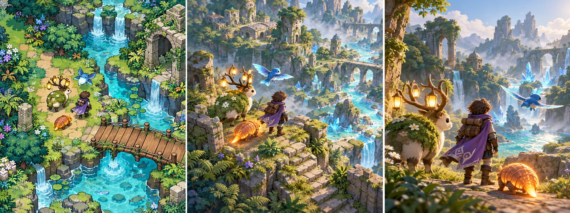 Lantern Wilds original concept comparison: 2D left, 2.5D centre, 3D right
