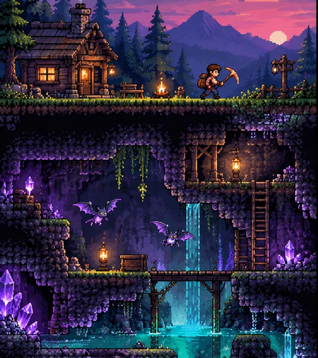 Original 2D Deepwild Hearth concept: Make an original side-view mining and base-building game. Keep tiles authoritative, crafting transactional and one cave biome playable before growing the world.