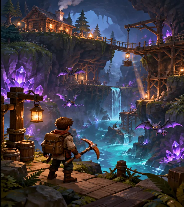 Original 3D Deepwild Hearth concept: Make an original side-view mining and base-building game. Keep tiles authoritative, crafting transactional and one cave biome playable before growing the world.