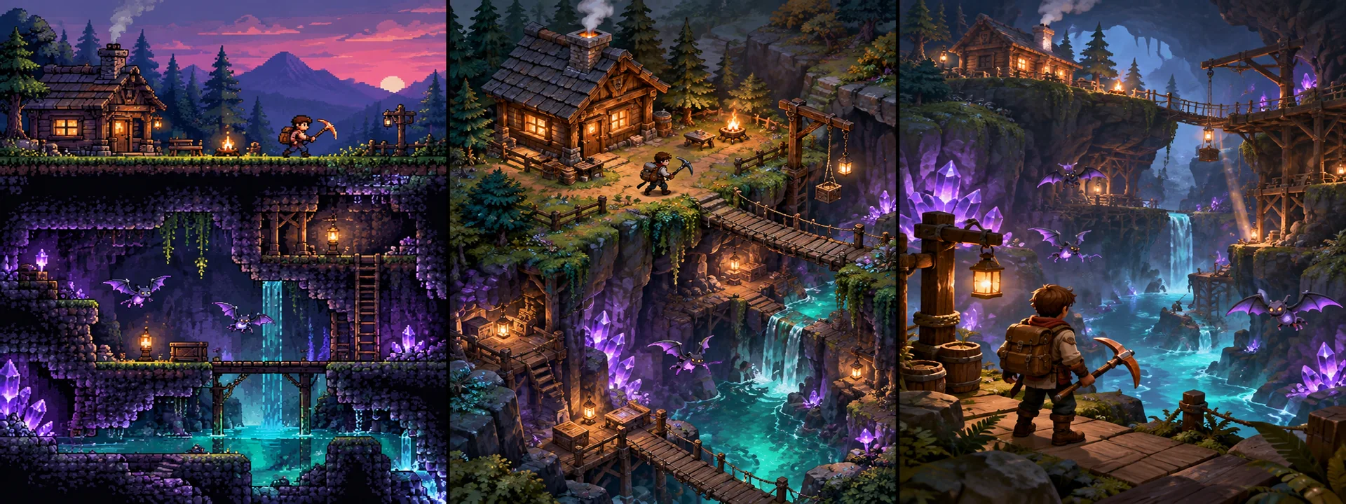 Deepwild Hearth original concept comparison: 2D left, 2.5D centre, 3D right