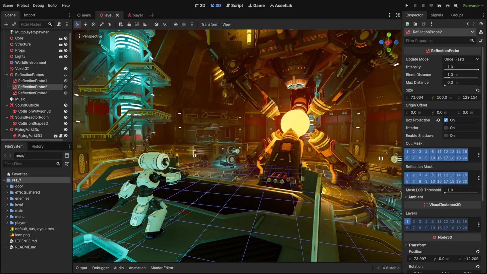 Godot editor showing a 3D robot TPS demonstration scene and its editing panels.